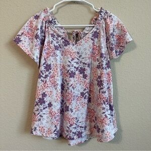 Bobeau Top Floral Coral Pink Purple On Off The Shoulder Tie Back Flowy Boho